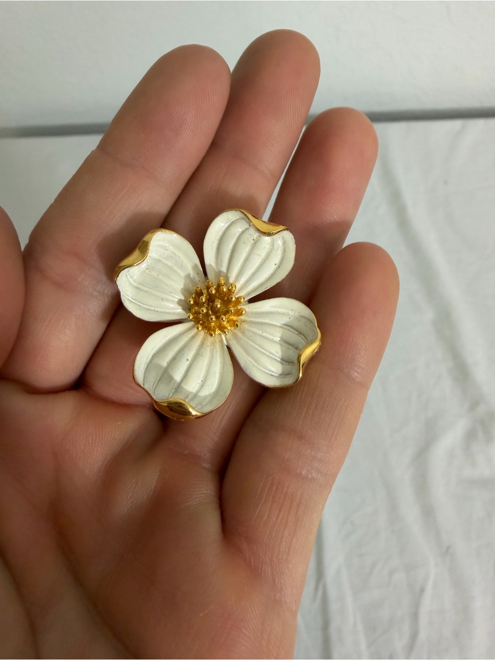 Trifari White and Gold Flower Enamel Brooch